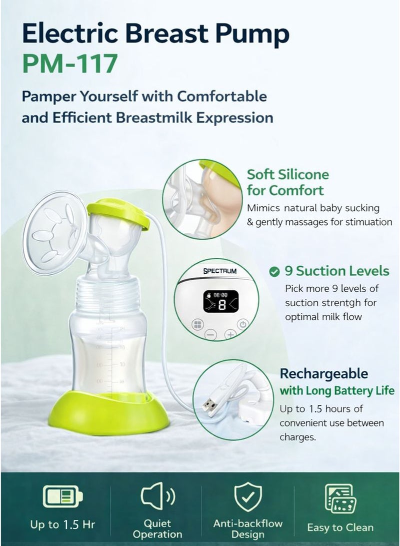 Spectrum Electric Breast Pump PM-117 USB Type-C Rechargeable Single Milk Pump for Nursing & Breastfeeding Moms 5 Massage Levels & 9 Suction Levels Soft Silicone Breast Shield Cushion Anti-Backflow Hygienic Closed System LCD Digital Display Touch Control Portable, Quiet, Lightweight BPA-Free PP Baby Bottle 180ml (6oz) with Stand Easy to Clean for Home, Travel, Working Mothers Pumping & Milk Storage - Image 4